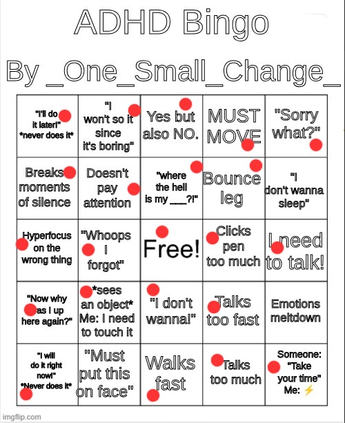 ADHD Bingo | image tagged in adhd bingo | made w/ Imgflip meme maker