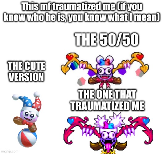 Marx fr let me traumatized, the Marx soul death if you don’t know how | This mf traumatized me (if you know who he is, you know what I mean); THE 50/50; THE CUTE VERSION; THE ONE THAT TRAUMATIZED ME | image tagged in kirby,marx | made w/ Imgflip meme maker