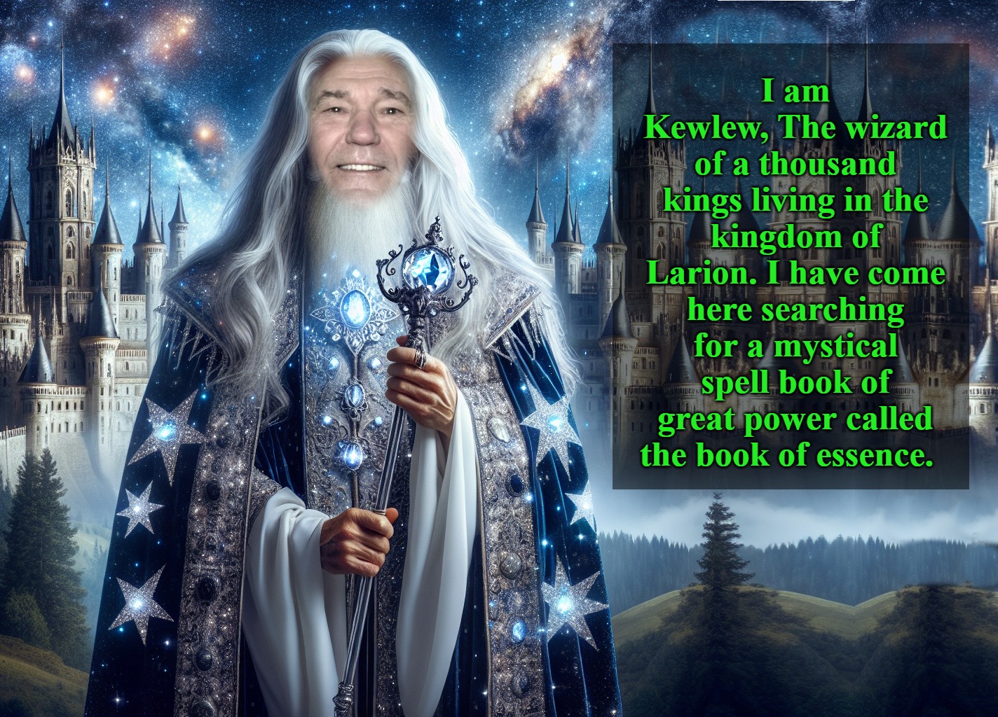 The wizard of a thousand kings | I am Kewlew, The wizard of a thousand kings living in the kingdom of Larion. I have come here searching for a mystical spell book of great power called the book of essence. | image tagged in wizard,kewlew | made w/ Imgflip meme maker