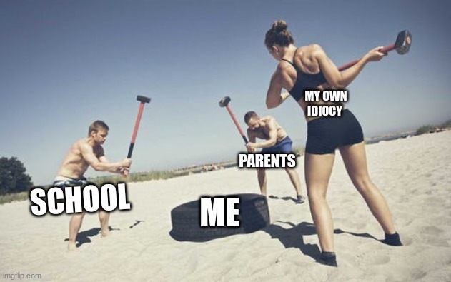 To be fair, my idiocy is the big one | MY OWN IDIOCY; PARENTS; SCHOOL; ME | image tagged in sledgehammer nerfs | made w/ Imgflip meme maker