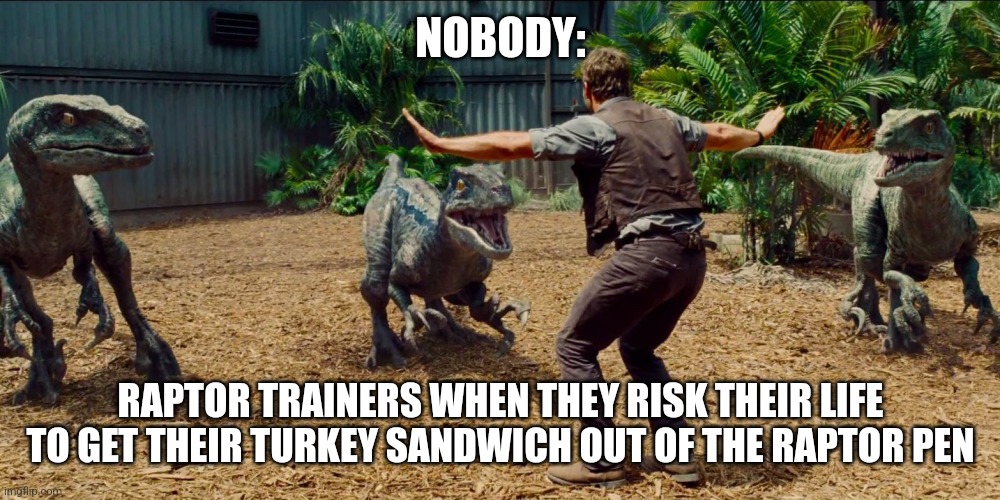 It's just a turkey sandwich Owen | NOBODY:; RAPTOR TRAINERS WHEN THEY RISK THEIR LIFE TO GET THEIR TURKEY SANDWICH OUT OF THE RAPTOR PEN | image tagged in jurassic park raptor,jurassic world,jpfan102504 | made w/ Imgflip meme maker