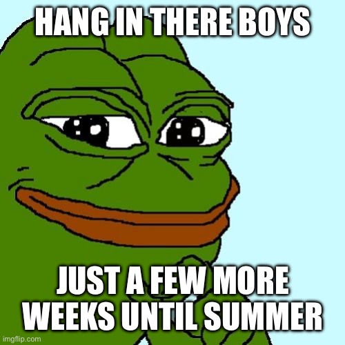 Title | HANG IN THERE BOYS; JUST A FEW MORE WEEKS UNTIL SUMMER | image tagged in pepe,memes | made w/ Imgflip meme maker