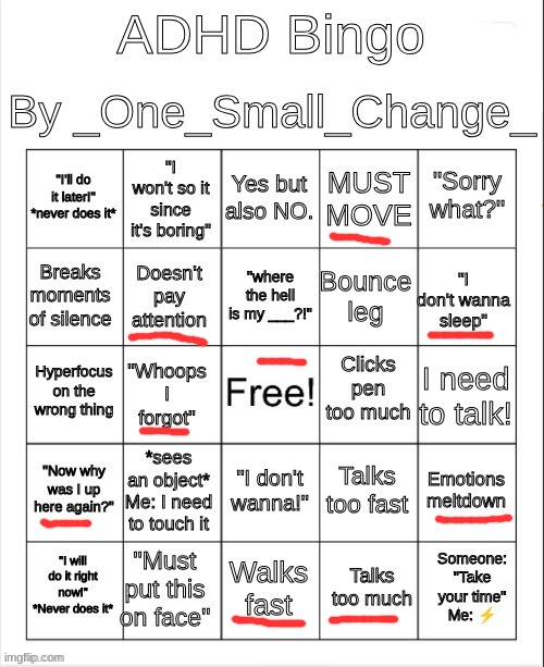 i dont habe adhd | image tagged in adhd bingo | made w/ Imgflip meme maker