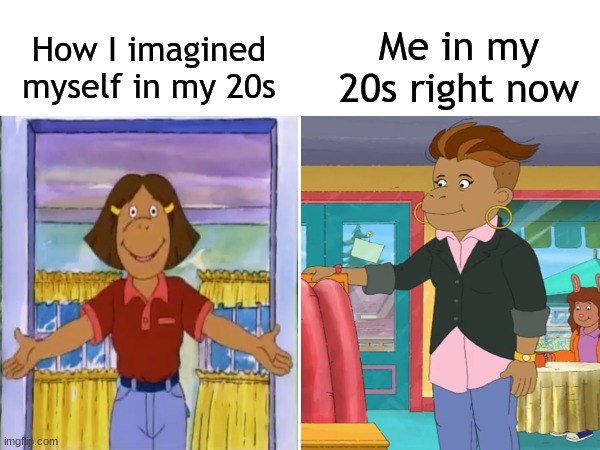 Stupid age prediction | Me in my 20s right now; How I imagined myself in my 20s | image tagged in memes,funny,arthur,cartoon,adult | made w/ Imgflip meme maker