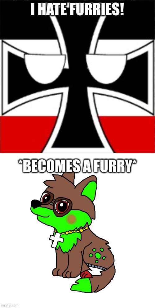 I HATE FURRIES! *BECOMES A FURRY* | image tagged in red_memes42,cute farkas wearing glasses | made w/ Imgflip meme maker