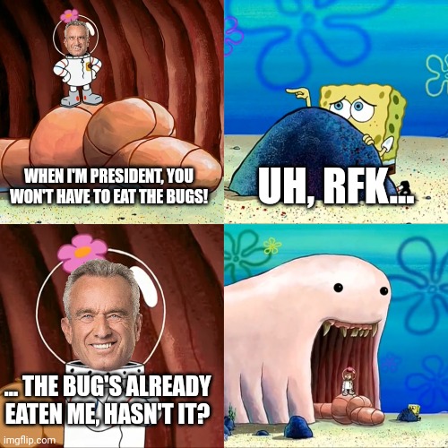 Sandy Alaskan Bull Worm | UH, RFK... WHEN I'M PRESIDENT, YOU WON'T HAVE TO EAT THE BUGS! ... THE BUG'S ALREADY EATEN ME, HASN'T IT? | image tagged in sandy alaskan bull worm | made w/ Imgflip meme maker