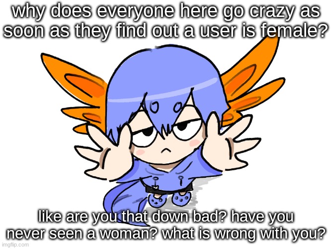 You disgust me | why does everyone here go crazy as soon as they find out a user is female? like are you that down bad? have you never seen a woman? what is wrong with you? | image tagged in ichigo i want up | made w/ Imgflip meme maker