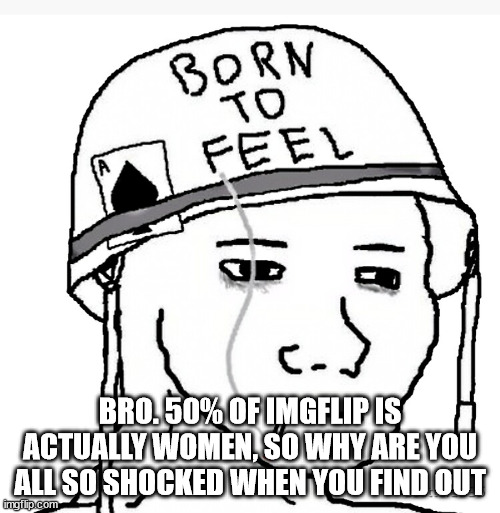 War wojak | BRO. 50% OF IMGFLIP IS ACTUALLY WOMEN, SO WHY ARE YOU ALL SO SHOCKED WHEN YOU FIND OUT | image tagged in war wojak | made w/ Imgflip meme maker