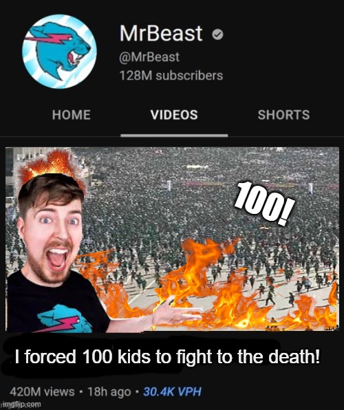 MrBeast thumbnail template | 100! I forced 100 kids to fight to the death! | image tagged in mrbeast thumbnail template | made w/ Imgflip meme maker