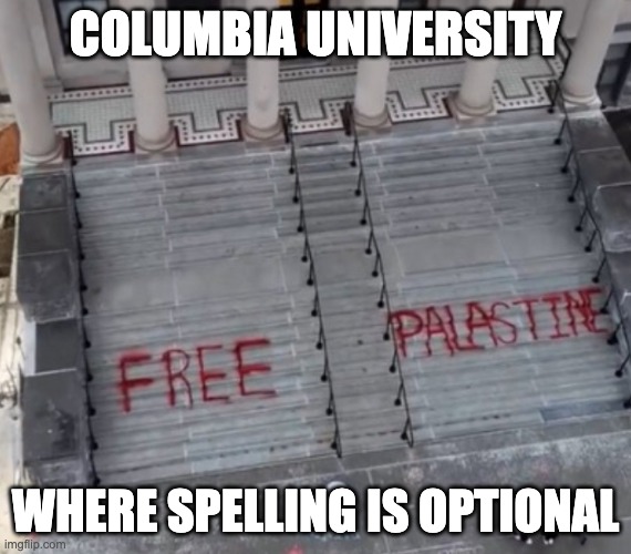 We Put the Two Rs in Terror | COLUMBIA UNIVERSITY; WHERE SPELLING IS OPTIONAL | image tagged in gaza,palestine | made w/ Imgflip meme maker