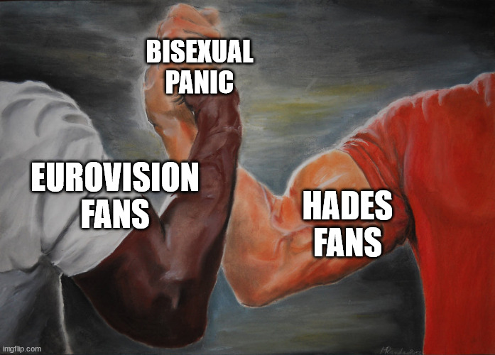 Hand clasping | BISEXUAL
PANIC; EUROVISION
FANS; HADES
FANS | image tagged in hand clasping | made w/ Imgflip meme maker