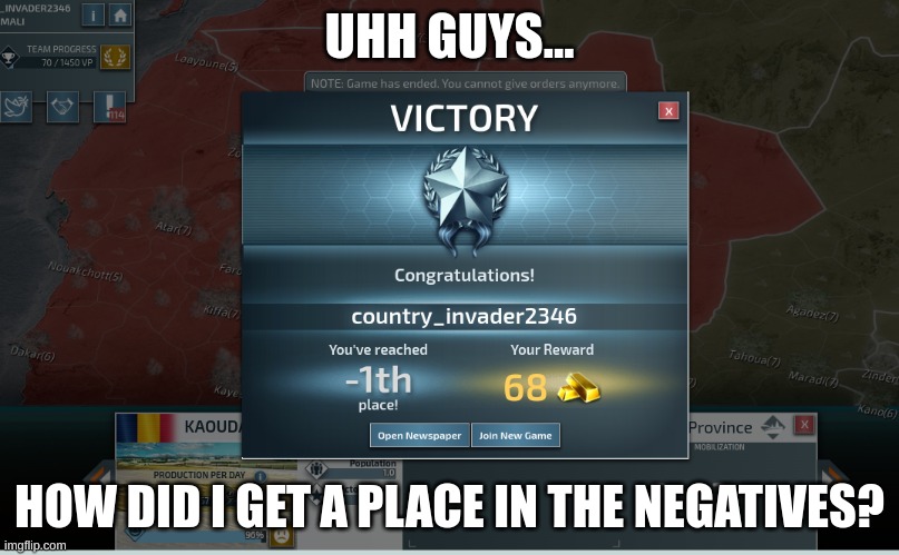 CoN: WW3 being sus | UHH GUYS... HOW DID I GET A PLACE IN THE NEGATIVES? | image tagged in conflict of nations,negative,sus,broken,game | made w/ Imgflip meme maker