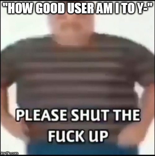 Please shut the fuck up (uncensored) | "HOW GOOD USER AM I TO Y-" | image tagged in please shut the fuck up uncensored | made w/ Imgflip meme maker