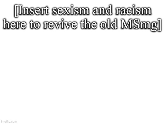 Blank White Template | [Insert sexism and racism here to revive the old MSmg] | image tagged in blank white template | made w/ Imgflip meme maker