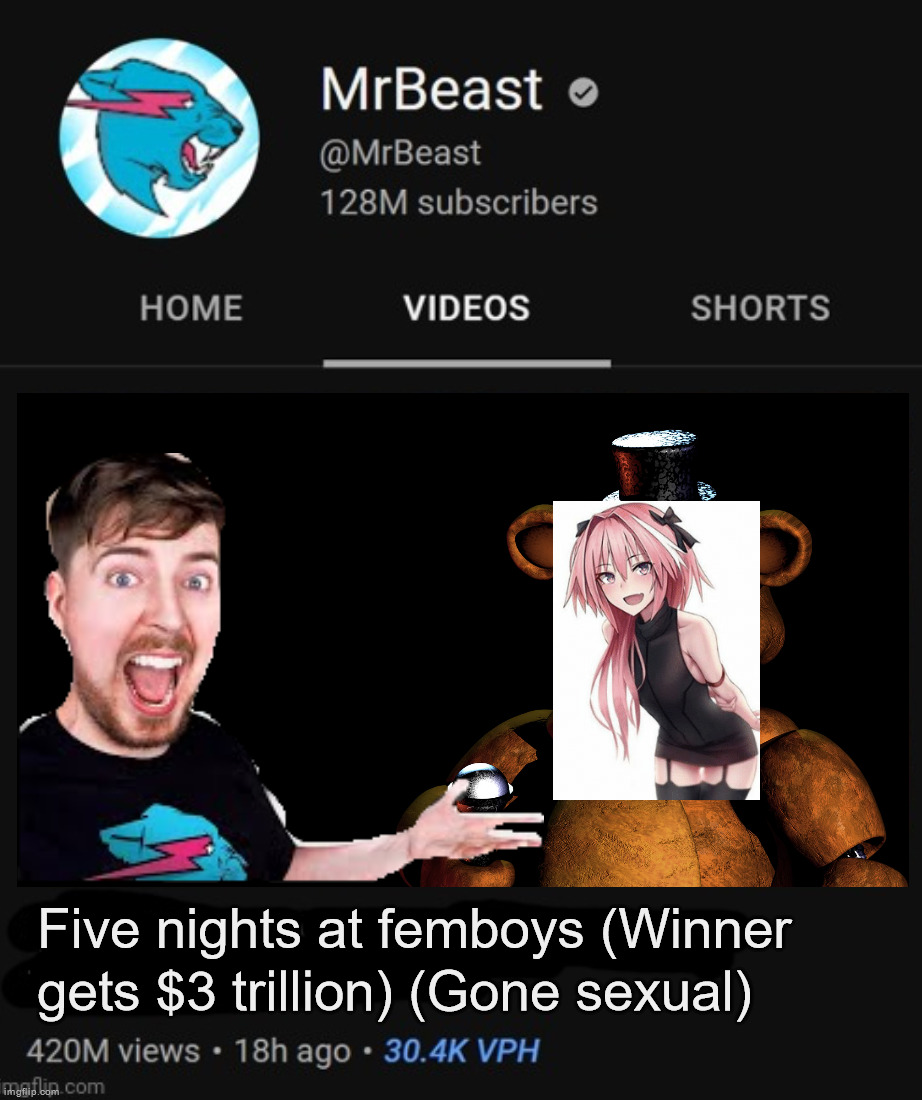 Idk | Five nights at femboys (Winner gets $3 trillion) (Gone sexual) | image tagged in mrbeast thumbnail template | made w/ Imgflip meme maker