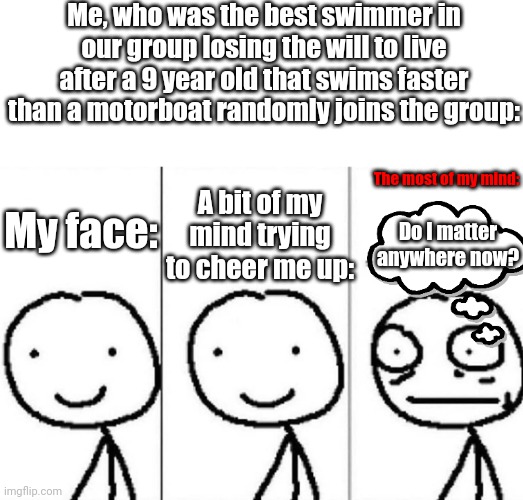 I feel it's harder to move in water now | Me, who was the best swimmer in our group losing the will to live after a 9 year old that swims faster than a motorboat randomly joins the group:; The most of my mind:; My face:; A bit of my mind trying to cheer me up:; Do I matter anywhere now? | image tagged in realization,i give up | made w/ Imgflip meme maker