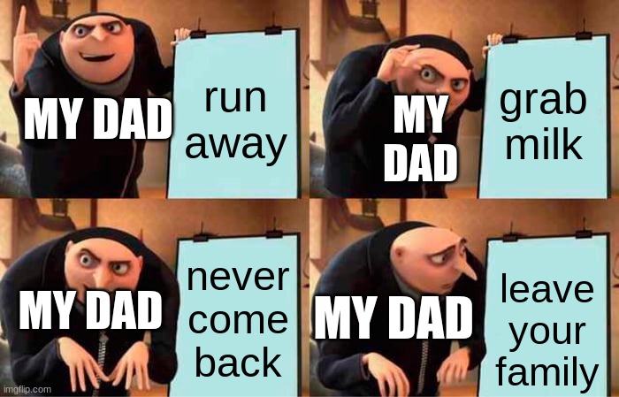 Gru's Plan Meme | run away; grab milk; MY DAD; MY DAD; never come back; MY DAD; leave your family; MY DAD | image tagged in memes,gru's plan | made w/ Imgflip meme maker