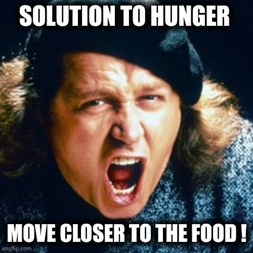 Sam kinison | SOLUTION TO HUNGER MOVE CLOSER TO THE FOOD ! | image tagged in sam kinison | made w/ Imgflip meme maker