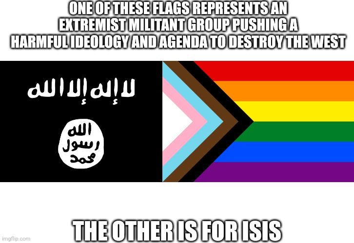 Islamic terrorist groups aren't destroying the west, LGBTQ+ ideology is | ONE OF THESE FLAGS REPRESENTS AN EXTREMIST MILITANT GROUP PUSHING A HARMFUL IDEOLOGY AND AGENDA TO DESTROY THE WEST; THE OTHER IS FOR ISIS | image tagged in lgbtq,isis,terrorism,groomers,regressive left | made w/ Imgflip meme maker