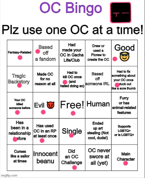 OC bingo: GC (why i cant never get a bingo on any of this-) | image tagged in oc bingo | made w/ Imgflip meme maker