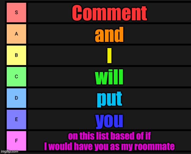 Tier List | Comment; and; I; will; put; you; on this list based of if I would have you as my roommate | image tagged in tier list | made w/ Imgflip meme maker