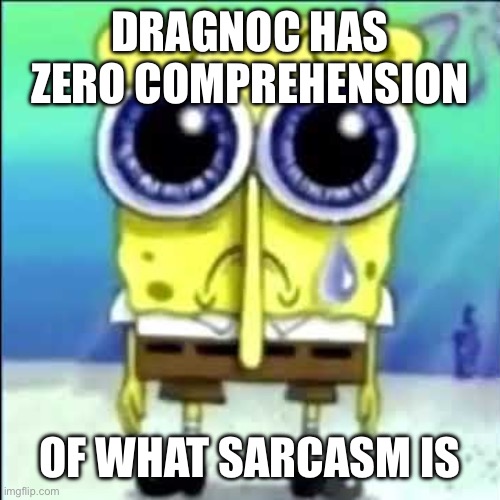 I’m being a MEAN BULLY!!!!!!! | DRAGNOC HAS ZERO COMPREHENSION; OF WHAT SARCASM IS | image tagged in sad spongebob | made w/ Imgflip meme maker
