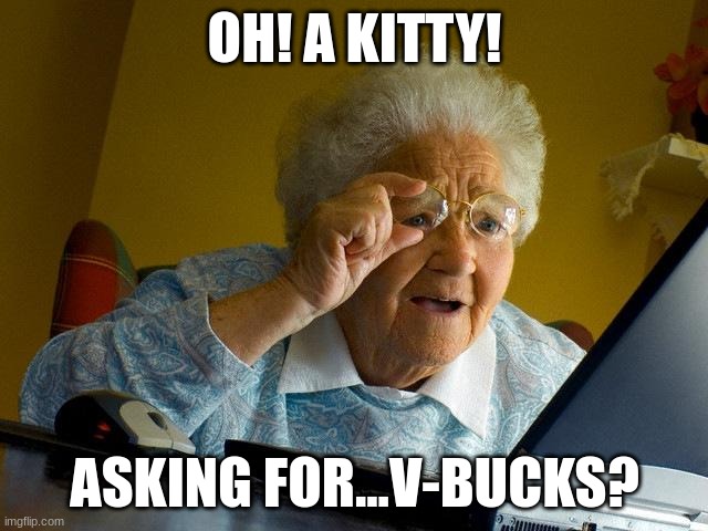 grandma sees memes for the first time | OH! A KITTY! ASKING FOR...V-BUCKS? | image tagged in memes,grandma finds the internet | made w/ Imgflip meme maker