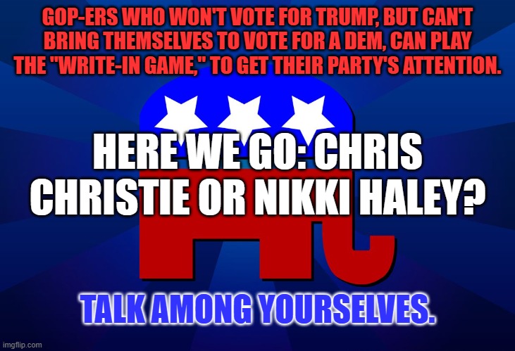 Take a stand! | GOP-ERS WHO WON'T VOTE FOR TRUMP, BUT CAN'T BRING THEMSELVES TO VOTE FOR A DEM, CAN PLAY THE "WRITE-IN GAME," TO GET THEIR PARTY'S ATTENTION. HERE WE GO: CHRIS CHRISTIE OR NIKKI HALEY? TALK AMONG YOURSELVES. | image tagged in gop | made w/ Imgflip meme maker