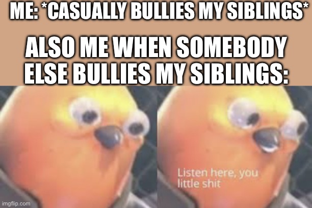Listen here you little shit bird | ME: *CASUALLY BULLIES MY SIBLINGS*; ALSO ME WHEN SOMEBODY ELSE BULLIES MY SIBLINGS: | image tagged in listen here you little shit bird | made w/ Imgflip meme maker