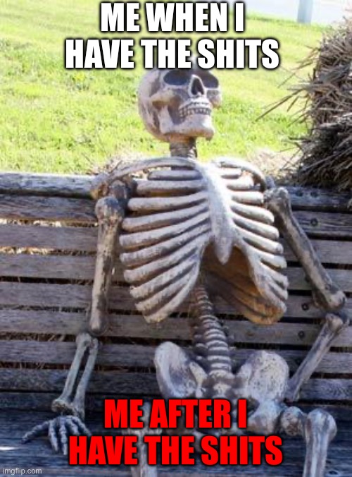 The Skelton had the poops | ME WHEN I HAVE THE SHITS; ME AFTER I HAVE THE SHITS | image tagged in memes,waiting skeleton | made w/ Imgflip meme maker
