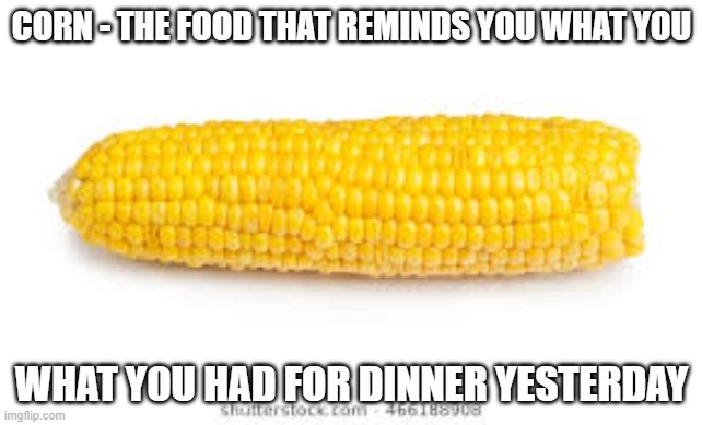 Corn always comes back | CORN - THE FOOD THAT REMINDS YOU WHAT YOU; WHAT YOU HAD FOR DINNER YESTERDAY | image tagged in corn on the cob | made w/ Imgflip meme maker