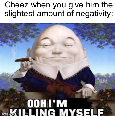 Ooh I'm killing myself | Cheez when you give him the slightest amount of negativity: | image tagged in ooh i'm killing myself | made w/ Imgflip meme maker