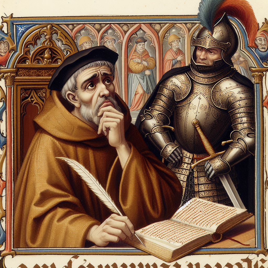 High Quality An illuminated manuscript showing a monk at a desk with a quill Blank Meme Template