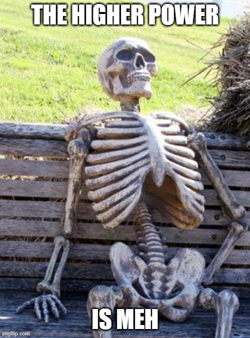 Waiting Skeleton Meme | THE HIGHER POWER; IS MEH | image tagged in memes,waiting skeleton | made w/ Imgflip meme maker
