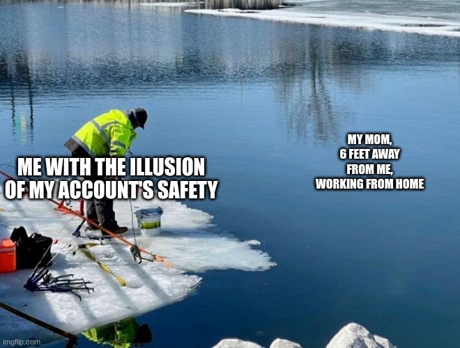 Thin Ice | ME WITH THE ILLUSION OF MY ACCOUNT'S SAFETY MY MOM, 6 FEET AWAY FROM ME, WORKING FROM HOME | image tagged in thin ice | made w/ Imgflip meme maker