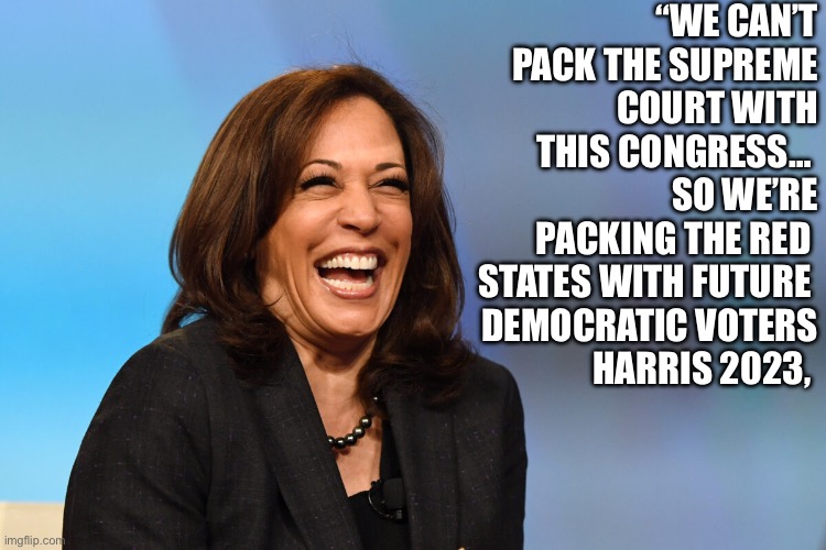 Kamala the Prez | “WE CAN’T PACK THE SUPREME COURT WITH THIS CONGRESS… 
SO WE’RE PACKING THE RED 
STATES WITH FUTURE 
DEMOCRATIC VOTERS
HARRIS 2023, | image tagged in kamala harris laughing,memes,funny,gifs | made w/ Imgflip meme maker