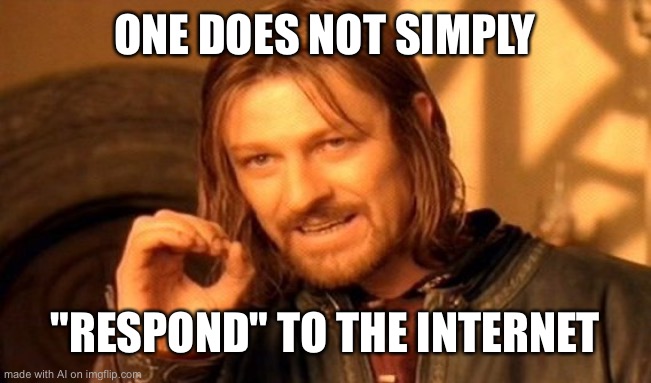 so true… | ONE DOES NOT SIMPLY; "RESPOND" TO THE INTERNET | image tagged in memes,one does not simply | made w/ Imgflip meme maker