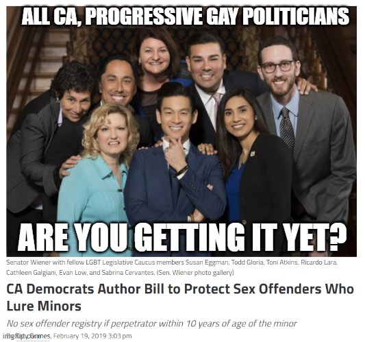pedofile supporters | ALL CA, PROGRESSIVE GAY POLITICIANS; ARE YOU GETTING IT YET? | made w/ Imgflip meme maker