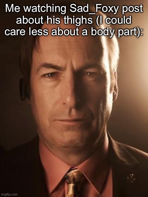 Saul Goodman | Me watching Sad_Foxy post about his thighs (I could care less about a body part): | image tagged in saul goodman | made w/ Imgflip meme maker