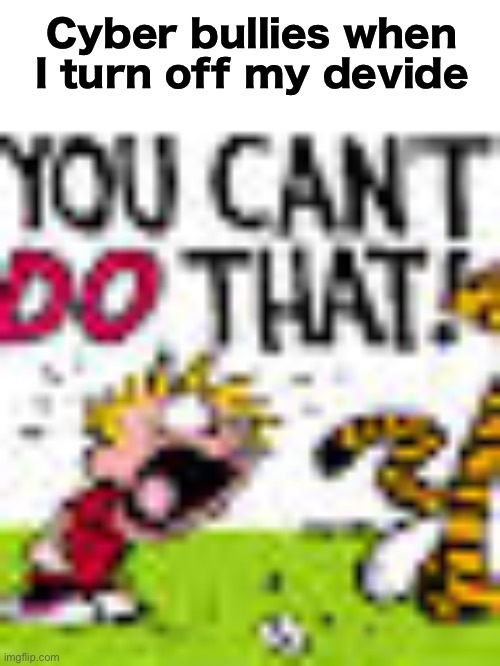 H | Cyber bullies when I turn off my devide | image tagged in calvin and hobbes you can't do that | made w/ Imgflip meme maker