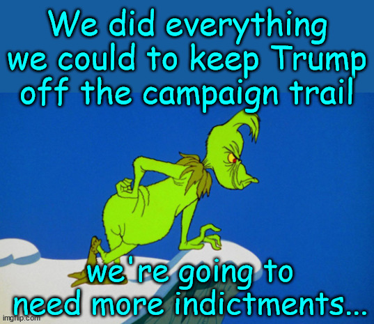 Grinch  | We did everything we could to keep Trump off the campaign trail we're going to need more indictments... | image tagged in grinch | made w/ Imgflip meme maker