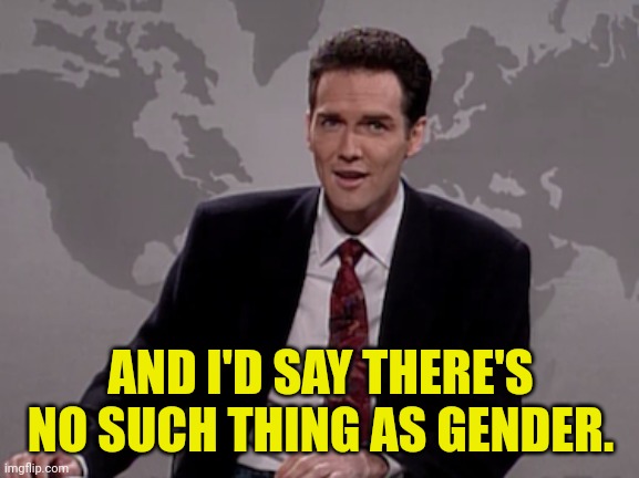 Norm MacDonald Weekend Update | AND I'D SAY THERE'S NO SUCH THING AS GENDER. | image tagged in norm macdonald weekend update | made w/ Imgflip meme maker