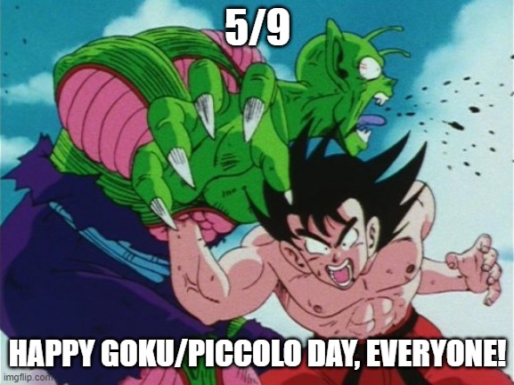 Piccolo and Goku day 5/9 | 5/9; HAPPY GOKU/PICCOLO DAY, EVERYONE! | image tagged in goku gut punch | made w/ Imgflip meme maker