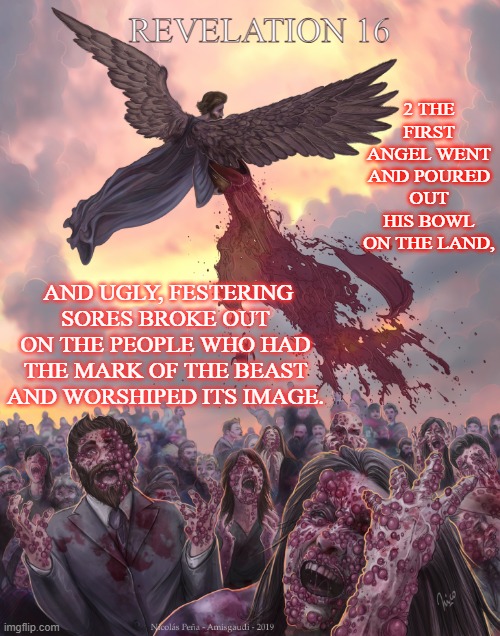 Revelation 16:2 | REVELATION 16; 2 THE FIRST ANGEL WENT AND POURED OUT HIS BOWL ON THE LAND, AND UGLY, FESTERING SORES BROKE OUT ON THE PEOPLE WHO HAD THE MARK OF THE BEAST AND WORSHIPED ITS IMAGE. | image tagged in revelation,chapter 16,bible,plagues | made w/ Imgflip meme maker