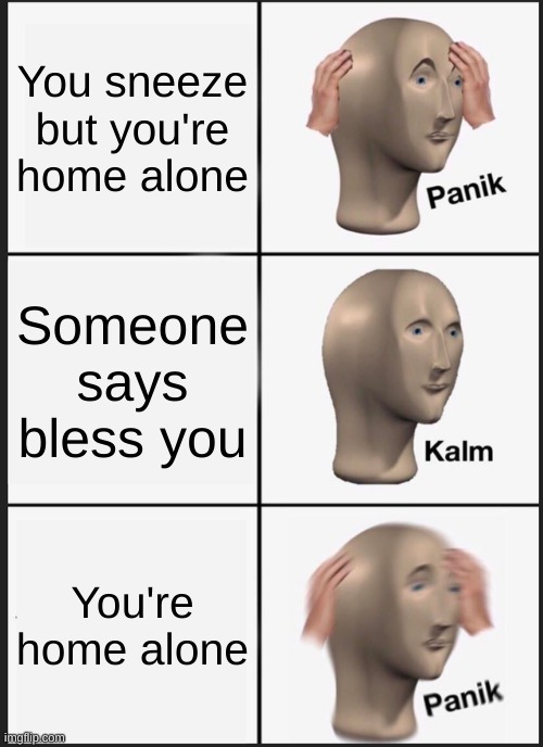 Panik Kalm Panik Meme | You sneeze but you're home alone; Someone says bless you; You're home alone | image tagged in memes,panik kalm panik | made w/ Imgflip meme maker