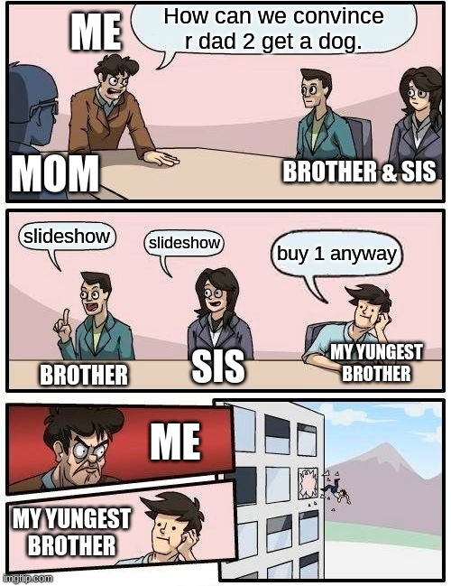 Boardroom Meeting Suggestion Meme | ME; How can we convince r dad 2 get a dog. BROTHER & SIS; MOM; slideshow; slideshow; buy 1 anyway; MY YUNGEST BROTHER; SIS; BROTHER; ME; MY YUNGEST BROTHER | image tagged in memes,boardroom meeting suggestion | made w/ Imgflip meme maker