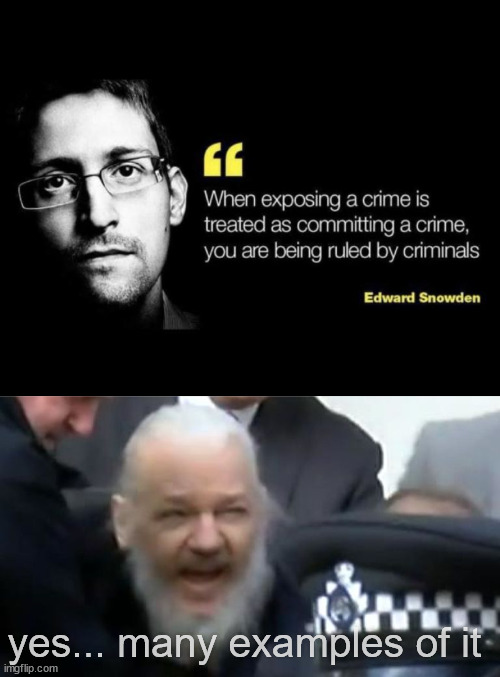 We are ruled by criminals...  the evidence is all around... | yes... many examples of it | image tagged in julian assange,edward snowden,bogus lawfare trials,weaponized doj,dems using governent to go after rivals | made w/ Imgflip meme maker