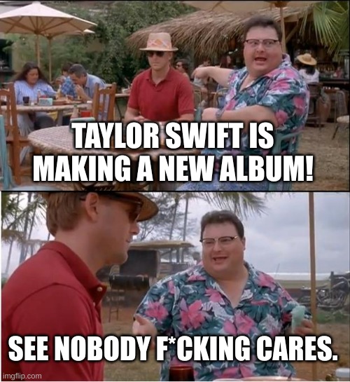 See Nobody Cares | TAYLOR SWIFT IS MAKING A NEW ALBUM! SEE NOBODY F*CKING CARES. | image tagged in memes,see nobody cares | made w/ Imgflip meme maker