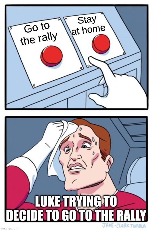 Two Buttons Meme | Stay at home; Go to the rally; LUKE TRYING TO DECIDE TO GO TO THE RALLY | image tagged in memes,two buttons | made w/ Imgflip meme maker