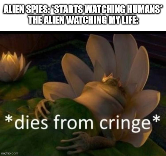 Relatable. | ALIEN SPIES: *STARTS WATCHING HUMANS*
THE ALIEN WATCHING MY LIFE: | image tagged in dies of cringe | made w/ Imgflip meme maker